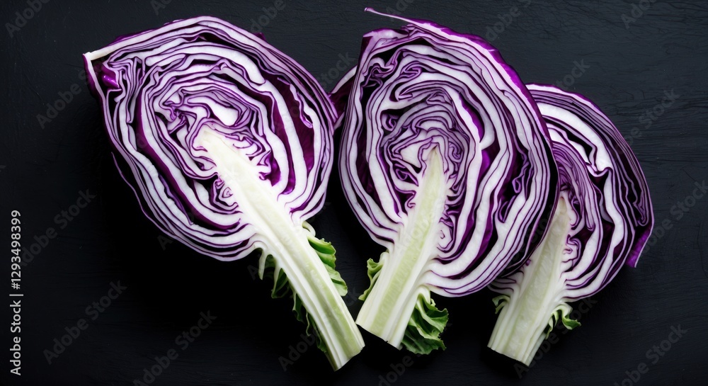 Poster sliced purple cabbage halves arranged on a dark background showcasing vibrant colors and intricate t