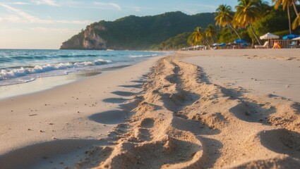 Footprints in the Sand on a Serene Beach with Gentle Waves and Lush Palm Trees Ideal for Vacation and Travel Related Content