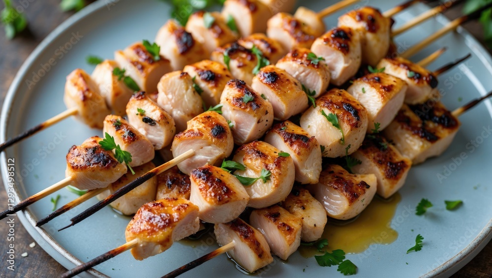 Aufkleber Grilled Chicken Skewers Served on a Plate with Fresh Herbs and Empty Space for Text or Branding Use