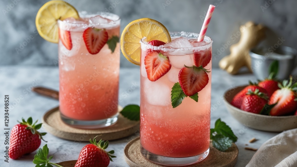 Aufkleber Refreshing Strawberry Ginger Mocktail with Lemon and Mint Garnish in Summer Setting