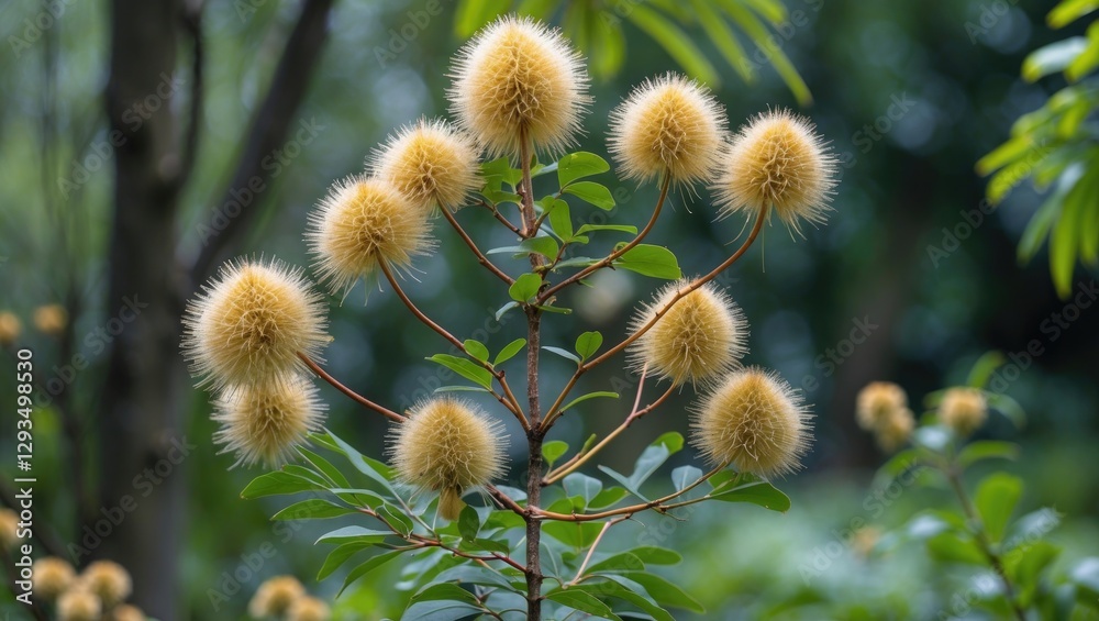 Poster fluffy yellow seed pods on a mimosa tree branch surrounded by lush green foliage in a tranquil garde