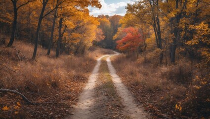 Scenic Autumn Walking Trail Surrounded By Vibrant Fall Foliage With Open Space For Text Overlay