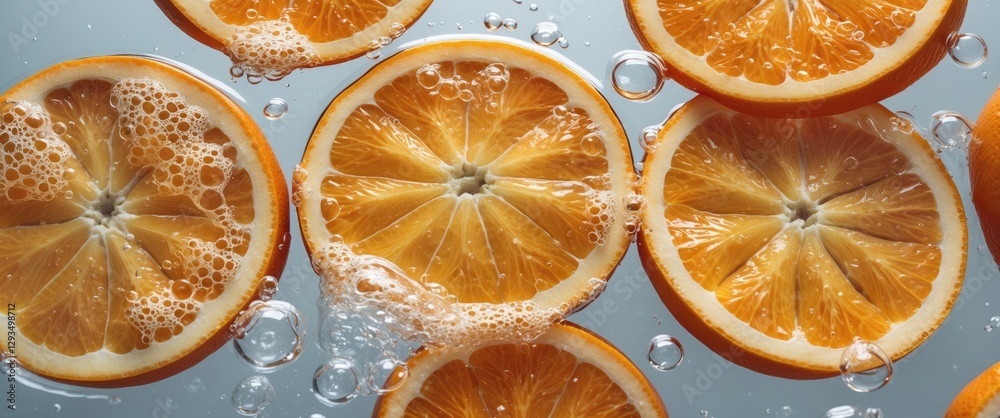 Aufkleber Fresh orange slices submerged in sparkling water with bubbles rising, creating a refreshing and vibrant visual impact.