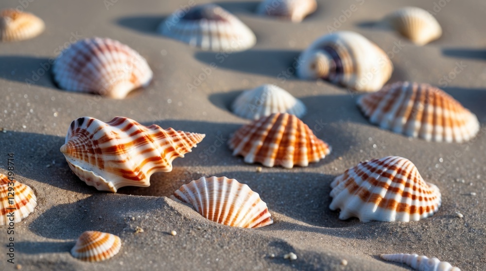 Poster seashells scattered on sandy beach of lake powell showcasing intricate patterns and textures bathed 