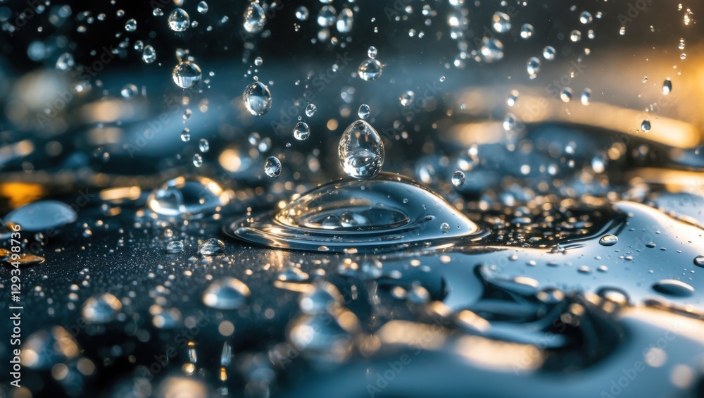 Poster close-up of water droplets splashing on reflective surface creating a serene and visually captivatin