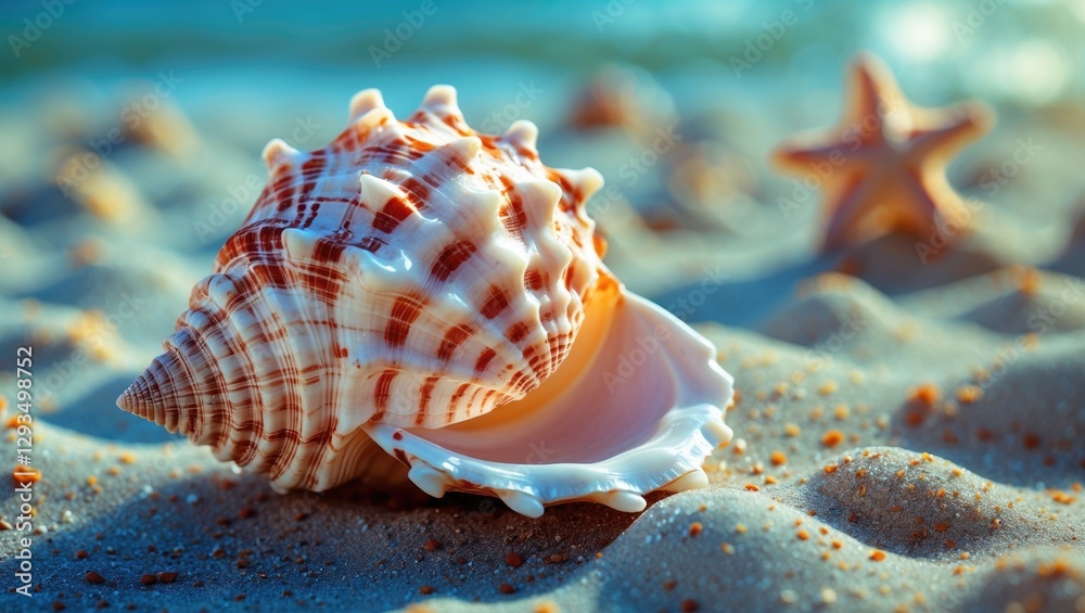 Poster seashell on sandy beach with starfish in background showcasing natural beauty and space for text or 