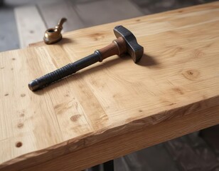 Wooden board with a bent screw next to a hammer,  wrong way,  incorrect,  tool misuse