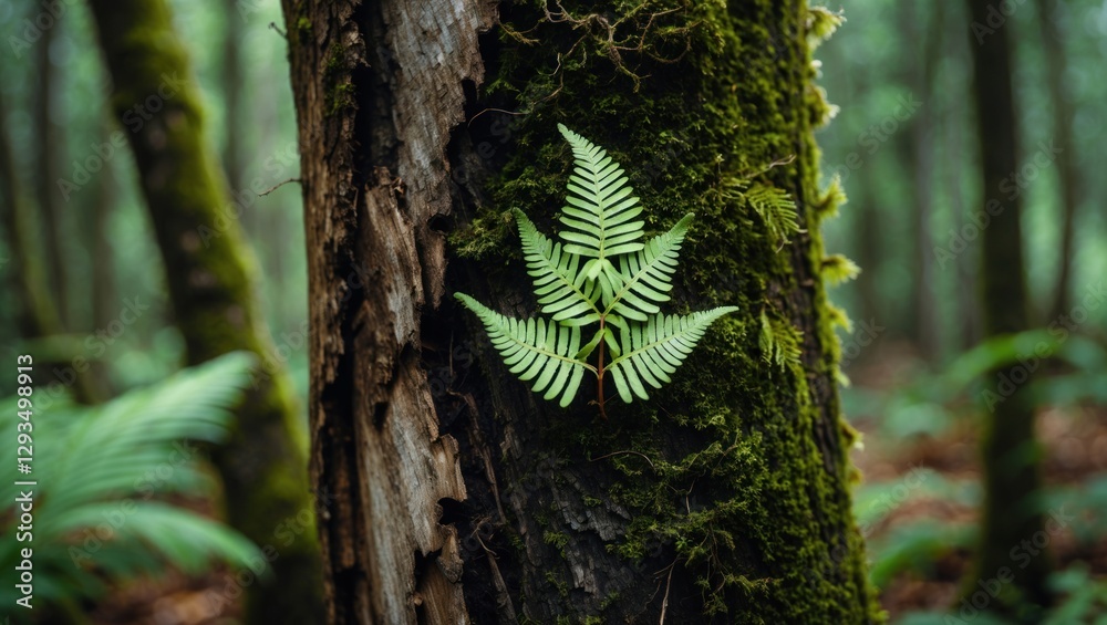 Poster lush green fern leaf adorning a moss-covered tree trunk in a serene forest setting showcasing nature