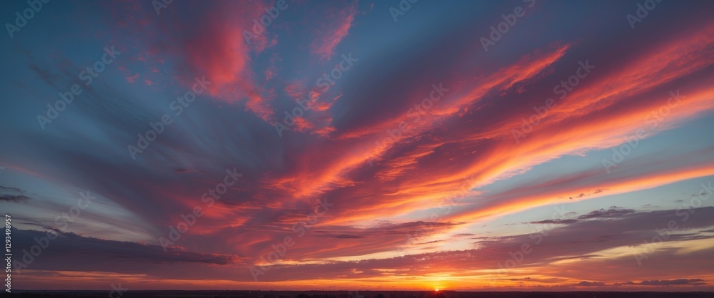Poster vibrant sunset over the horizon with dramatic cloud patterns and colorful sky ideal for nature and l