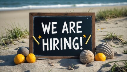 Chalkboard We Are Hiring Sign on Beach with Natural Elements and Coastal Background Ideal for Job Recruitment Campaigns