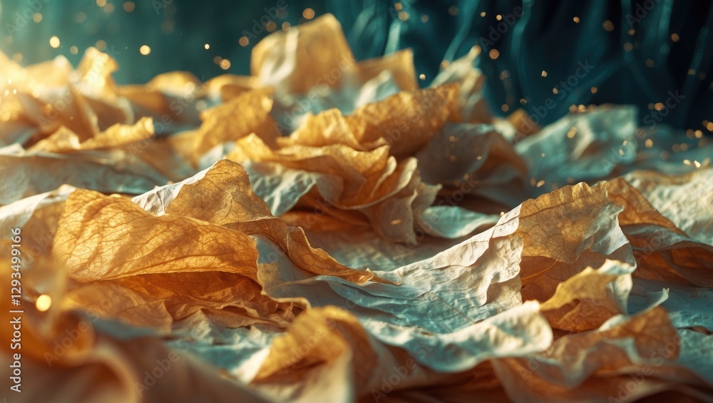 Poster textured close-up of crumpled parchment paper with soft lighting and bokeh, creating a warm and arti