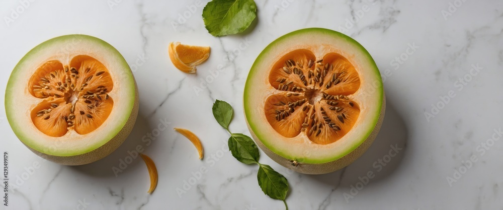Aufkleber Sliced Melon Halves with Seeds and Orange Flesh on Marble Background Surrounded by Leafy Garnish and Empty Space for Text