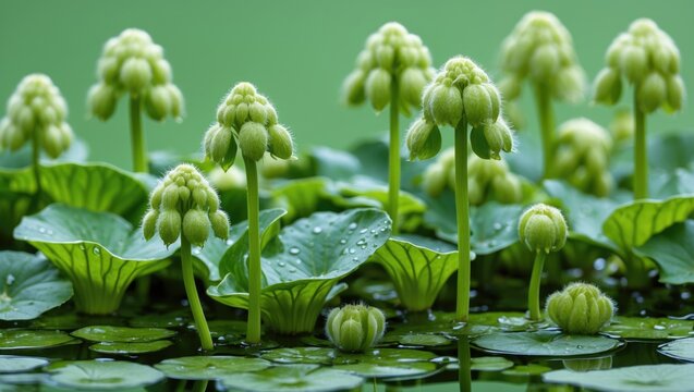 Fresh green water pennyworts Hydrocotyles with round leaves and buds against a soft green background creating a serene aquatic atmosphere