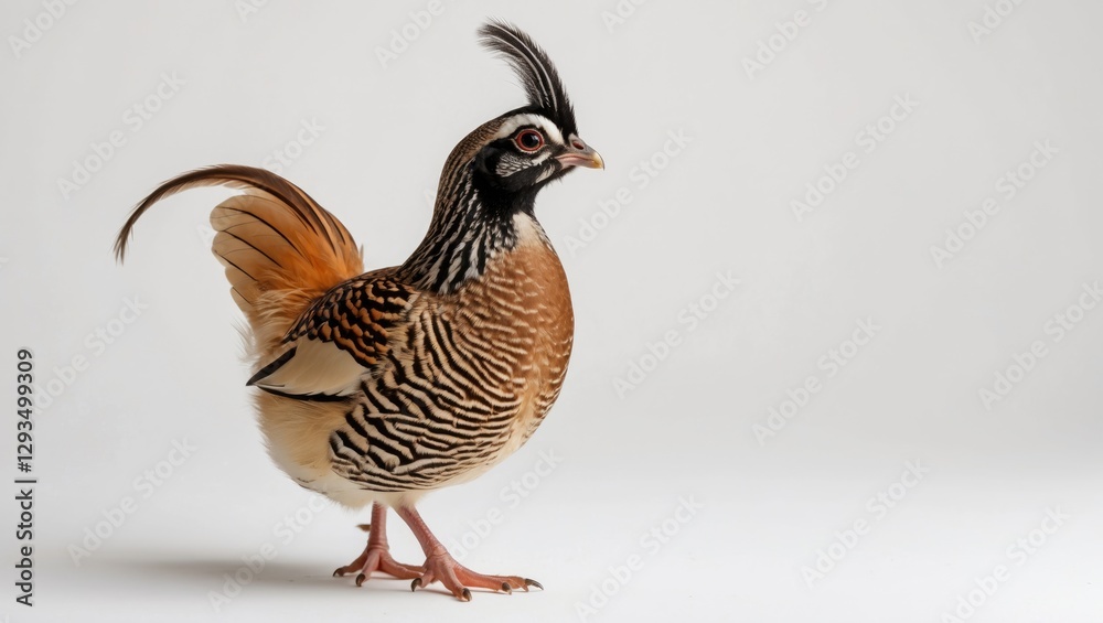 Poster decorative quail bird profile with intricate plumage detailed against a minimalist white background 