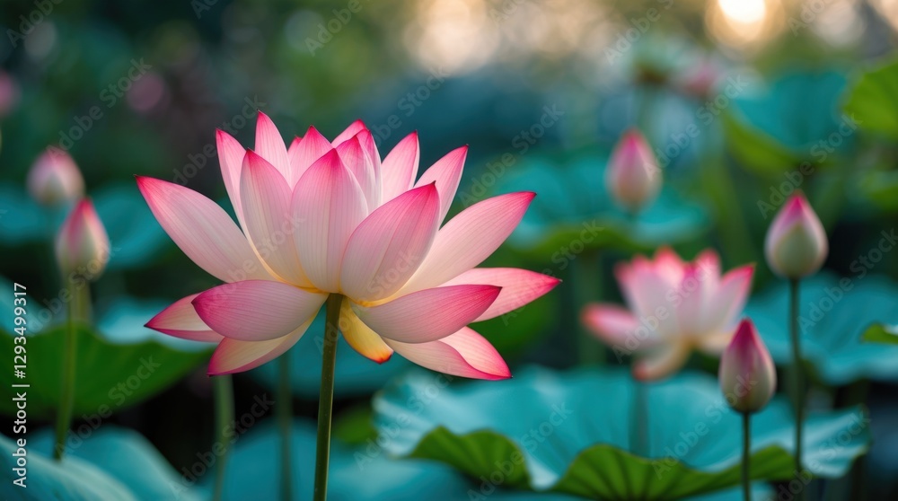 Poster delicate pink lotus blossoms in a serene garden setting showcasing soft focus and blurred background