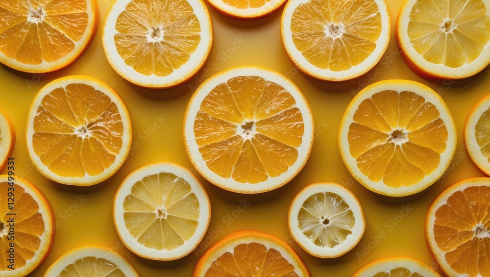 Poster fresh citrus fruit slices artfully arranged on a vibrant yellow background showcasing vibrant colors