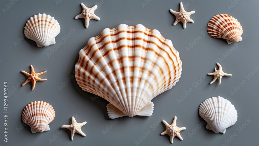 Poster Elegant Shells and Starfish on Gray Background for Minimalistic Summer Design and Decoration Space