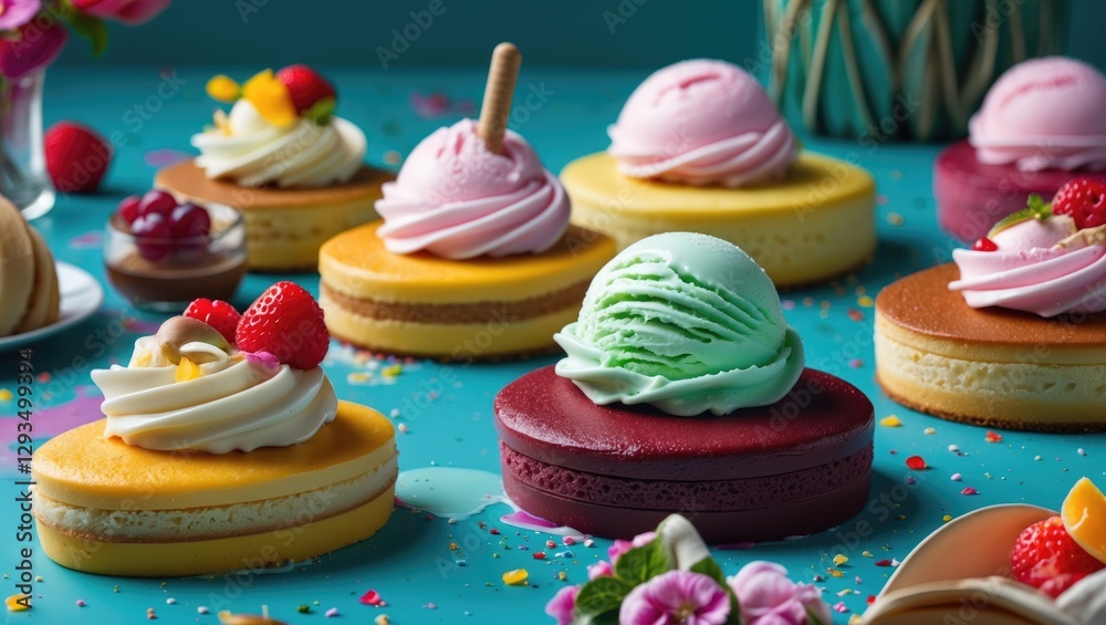 Poster Colorful Oval Cakes and Ice Cream Scoops on a Vibrant Surface with Decorative Elements and Space for Custom Text or Branding