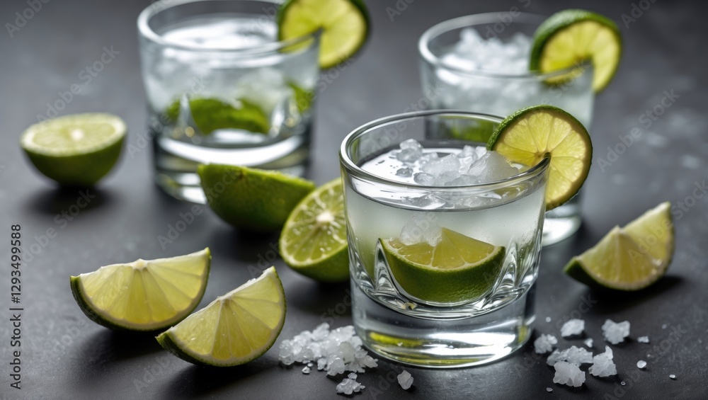 Poster Tequila Shots Served with Lime and Salt on a Dark Background Garnished with Fresh Lime Wedges and Crushed Ice for a Refreshing Drink Experience