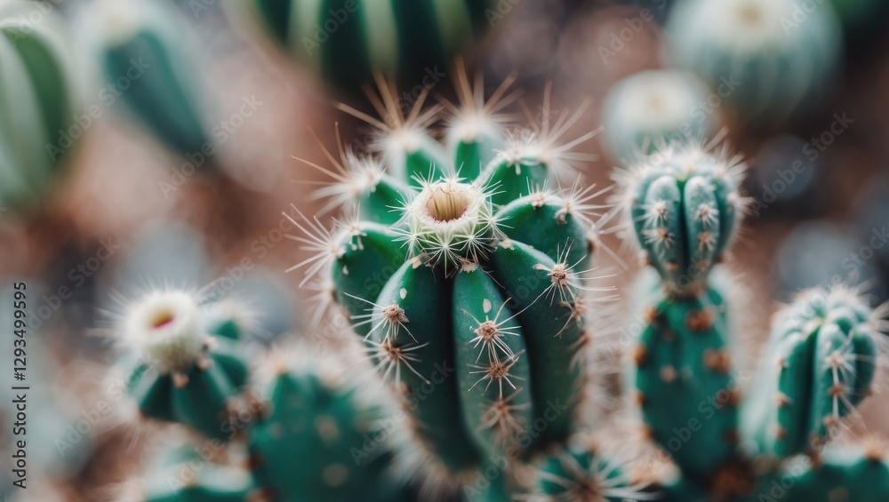 Aufkleber close-up view of green cactus with spines captured in selective focus against a blurred natural back