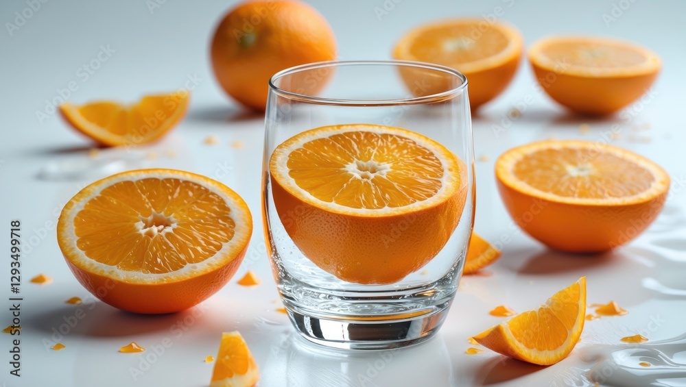 Poster fresh orange slices in a glass with whole oranges on a white surface healthy refreshing drink concep