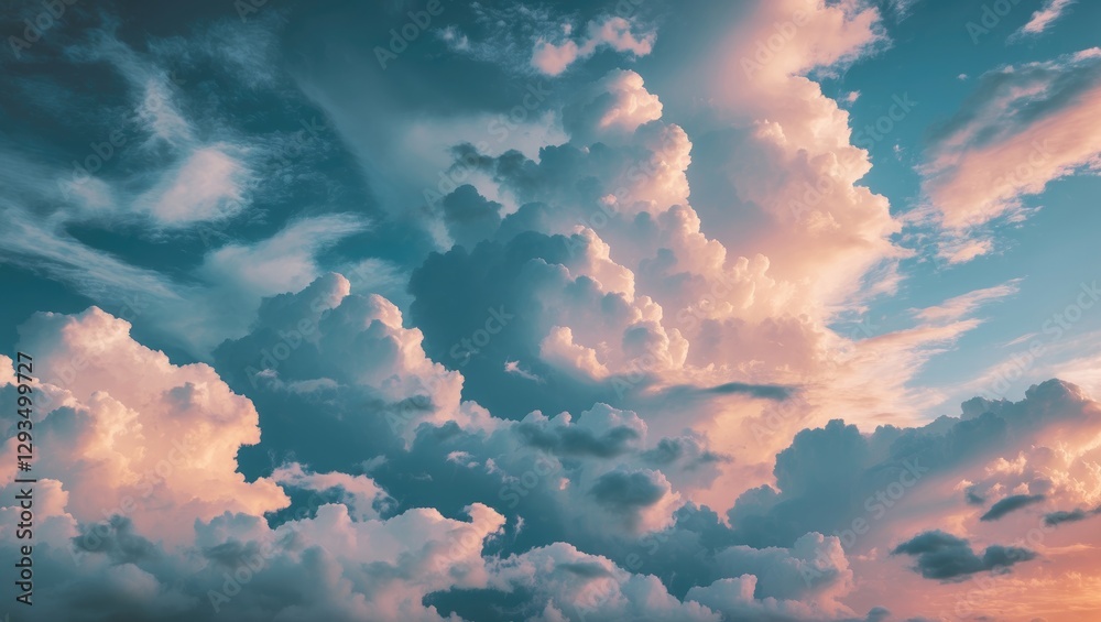 Poster serene sky with fluffy clouds and soft pastel hues showcasing the beauty of nature in a tranquil atm