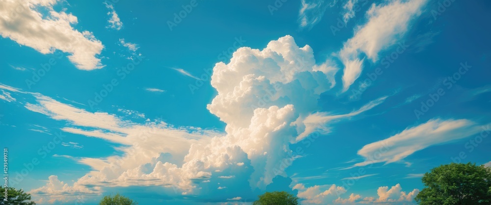 Poster vibrant azure sky with fluffy white clouds creating a serene summer landscape ideal for nature enthu