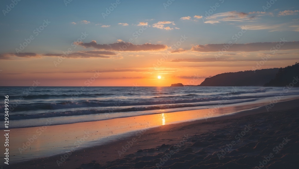 Aufkleber Beach Sunset Silhouette with Waves and Shoreline Reflection Featuring Empty Space for Text and a Tranquil Atmosphere for Relaxation