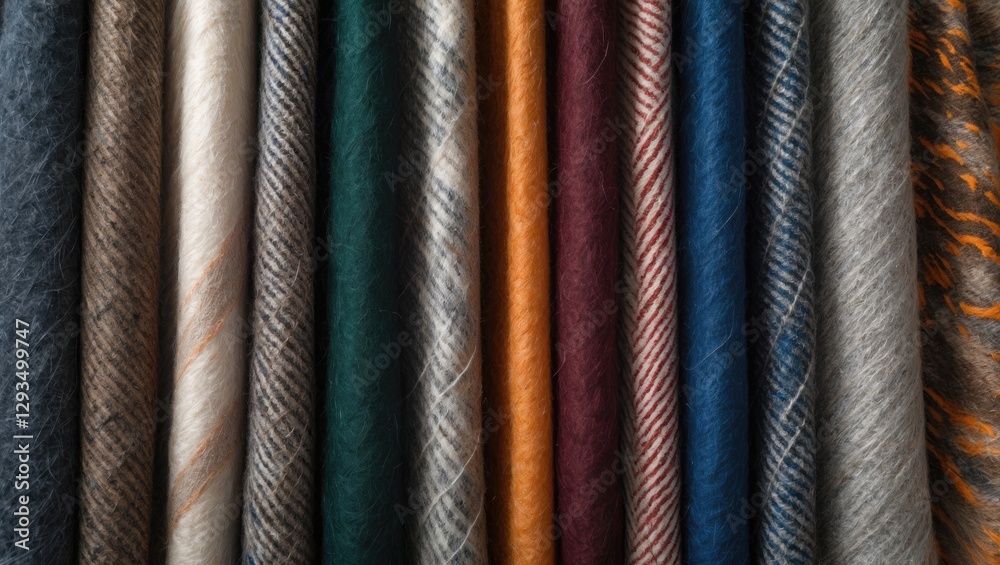 Poster Collection of vibrant wool fabrics in various textures and colors arranged neatly for textile and fashion design concepts.