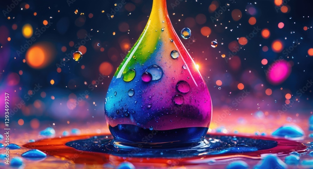 Poster vibrant watercolor splash with colorful droplets and reflections on a wet surface creating an artist