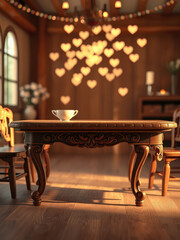 Wooden table decorated with heart shaped bokeh, romantic evening, dreamy atmosphere, soft focus background, fancy, lovely space