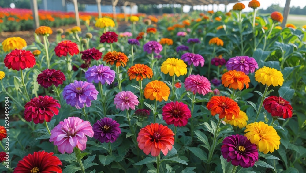 Poster lush colorful zinnia flowers in bloom at a farm with vibrant hues and space for text in natural outd