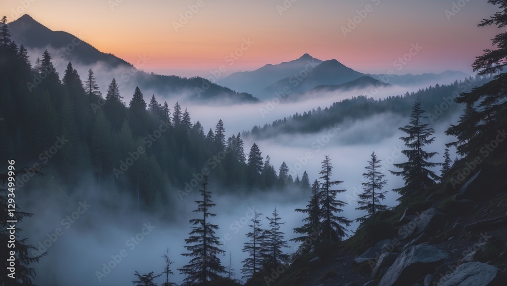Poster misty sunset over evergreen conifer forest in mountains with scenic lake base camp view at altitude 
