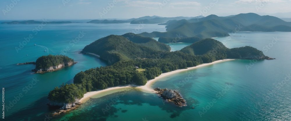 Poster aerial view of stunning secret bay surrounded by lush green hills and crystal clear water with space