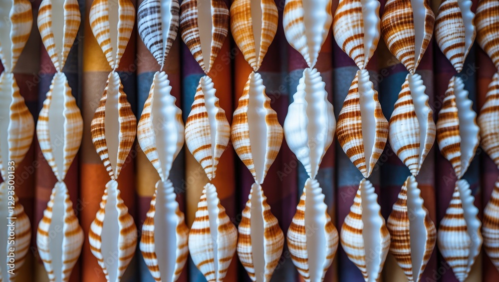 Poster Colorful seashell curtain decoration creating a unique textured background with intricate details and vibrant patterns in warm tones.