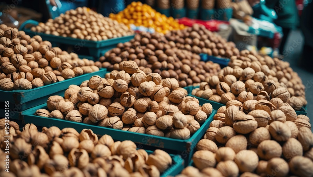 Poster Market display of shelled walnuts in green crates with a variety of nuts in the background showcasing vibrant market life and local produce.