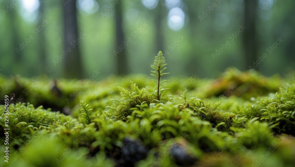 Poster Lush Green Moss Sprouting in Forest Floor with Soft Focus and Natural Light Creating a Peaceful and Serene Atmosphere