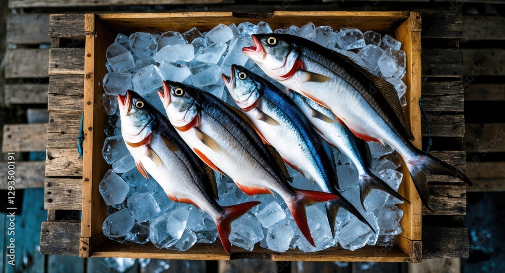 Poster Freshly Caught Marine Fish Displayed in a Wooden Crate on Crushed Ice Top View Rustic Presentation for Culinary Use