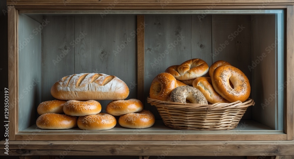 Poster Rustic Display of Fresh Bread and Bagels in a Wooden Showcase with Text Space for Culinary Promotions and Bakery Highlights