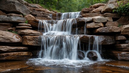 Fototapeta premium Serene waterfall cascading over rustic stones in a tranquil natural setting creating a peaceful outdoor ambiance.