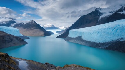 Obraz premium Majestic Aerial View of Two Serene Glacial Lakes Surrounded by Snow-Capped Mountains and Lush Terrain in Stunning Natural Landscape