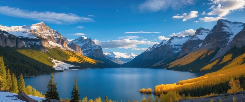 Stunning panoramic view of a serene lake surrounded by snow-capped mountains and vibrant autumn foliage under a clear blue sky.