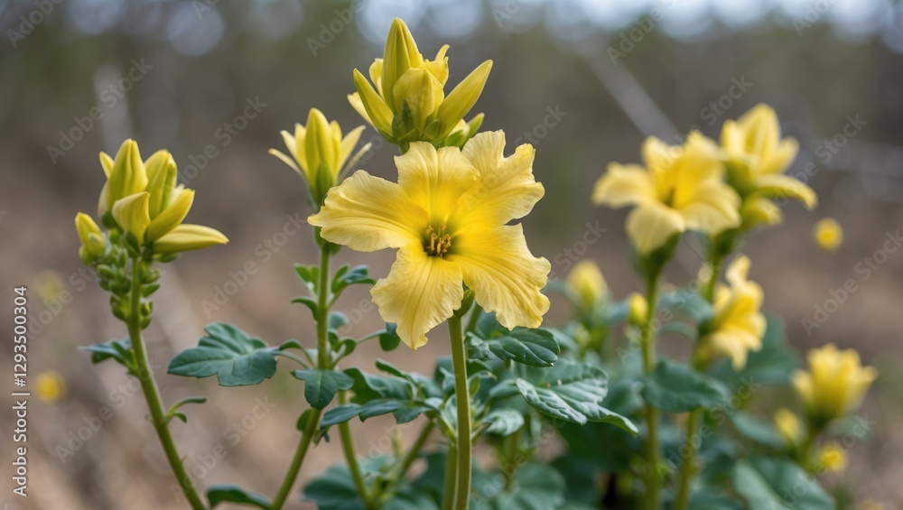 Poster chalicevine yellow flower blooming against natural background with copy space for text in botanical 