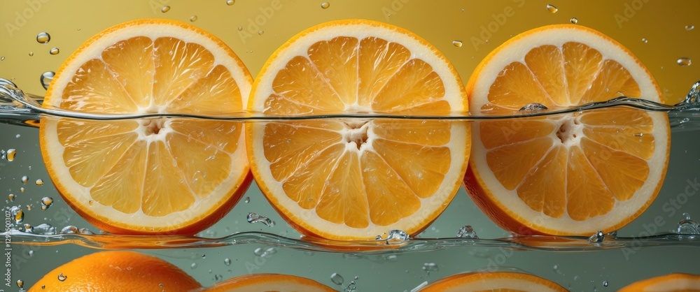 Poster fresh orange slices floating in water against a bright yellow background for a refreshing and vibran