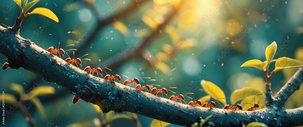 Poster ants crawling on tree branches with sunlight beautifully illuminating the scene in a natural environ