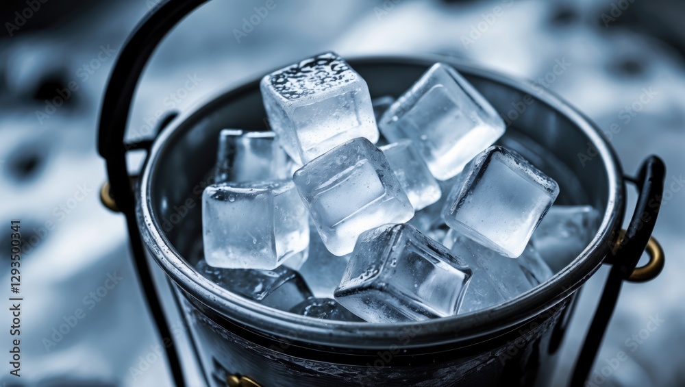 Poster close-up shot of crystal clear ice cubes in a metallic bucket with selective focus and cool tones, i