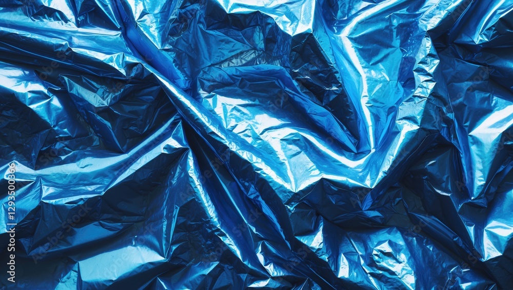 Poster Crumpled shiny blue foil texture with intricate reflections and highlights for creative backgrounds and design applications.