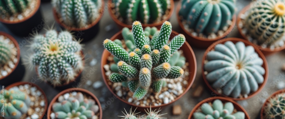 Poster Top view of various potted cacti including Astrophytum Asterias with neutral space for text in a serene botanical setting.