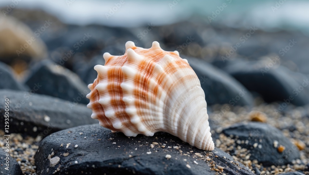 Aufkleber Beautiful Seashell resting on a rocky beach surrounded by pebbles and sand with gentle waves in the background creating a serene atmosphere.