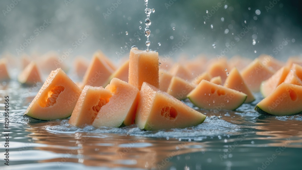 Poster Refreshing Sliced Cantaloupe Pieces Floating in Water with Misty Background and Ample Space for Text Overlay